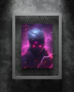 Plakat metalowy przedstawiający tajemniczego ninja z płonącymi, fioletowymi oczami i opaską na czole ozdobioną mistycznym symbolem. Twarz zakrywa maska, a wokół postaci wirują błyskawice i energetyczne rozbłyski w intensywnych odcieniach purpury i magenty. Scena emanuje aurą mocy i tajemniczości, podkreślając mistyczny i cyberpunkowy charakter wojownika.